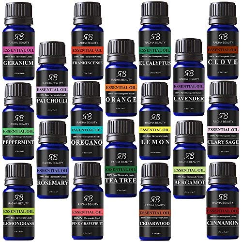 Radha Beauty Aromatherapy 18 Essential Oils (Lavender, Tea Tree, Peppermint, Lemongrass, Orange, Eucalyptus, Rosemary, Frankincense, Lemon, Bergamot, Cedarwood, Patchouli, Geranium, and more)