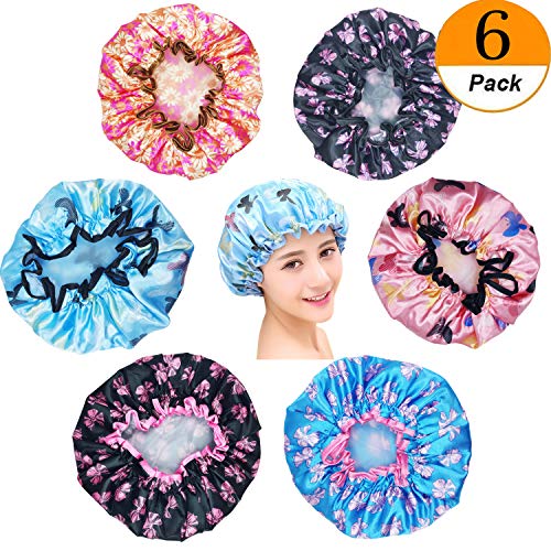 GNAWRISHING Shower Cap 6 Pack Bath Caps Perfect for all Hair Thicknesses and Lengths, Made in Double Layer Waterproof, Design in Colorful Colors